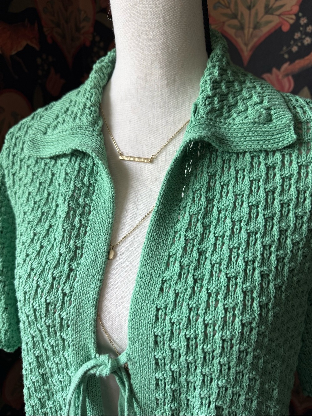 Wrap London Kelly Green Knit Cardigan Size 8 Organic Cotton Ties Crop Crochet - Picture 2 of 6